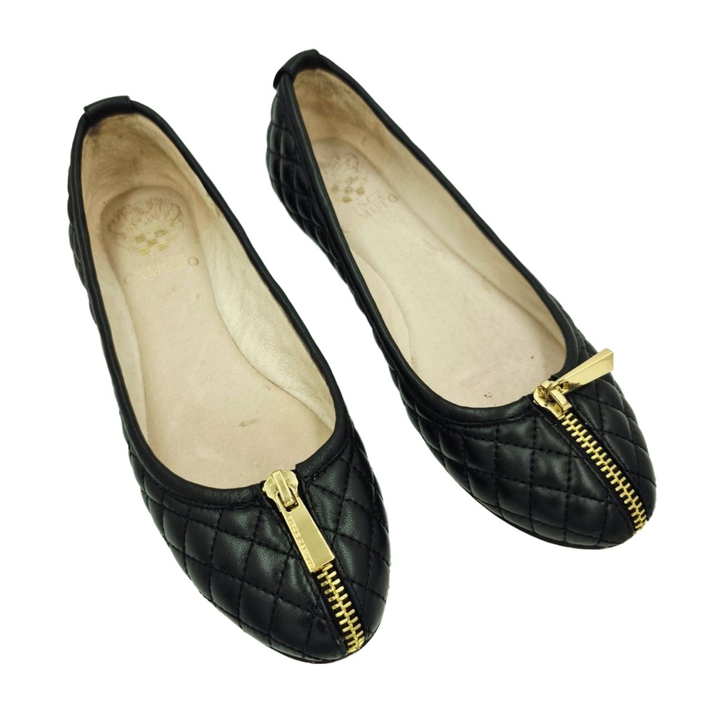 Vince Camuto Black Quilted Leather Gold Zipper Ballet Flats Women's Shoes Size 6